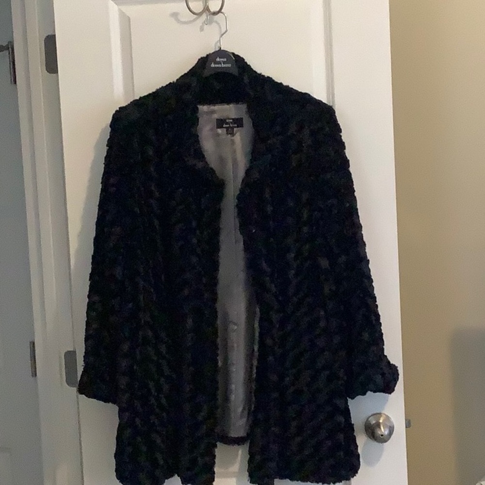 Dennis Basso Black faux fur Coat Open Front Fuzzy Texture